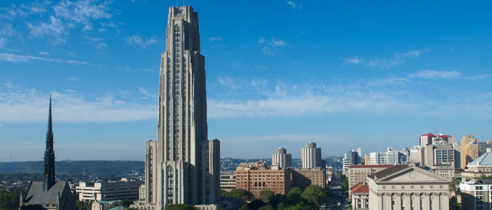 The Cathedral of Learning and tops of other campus buildings